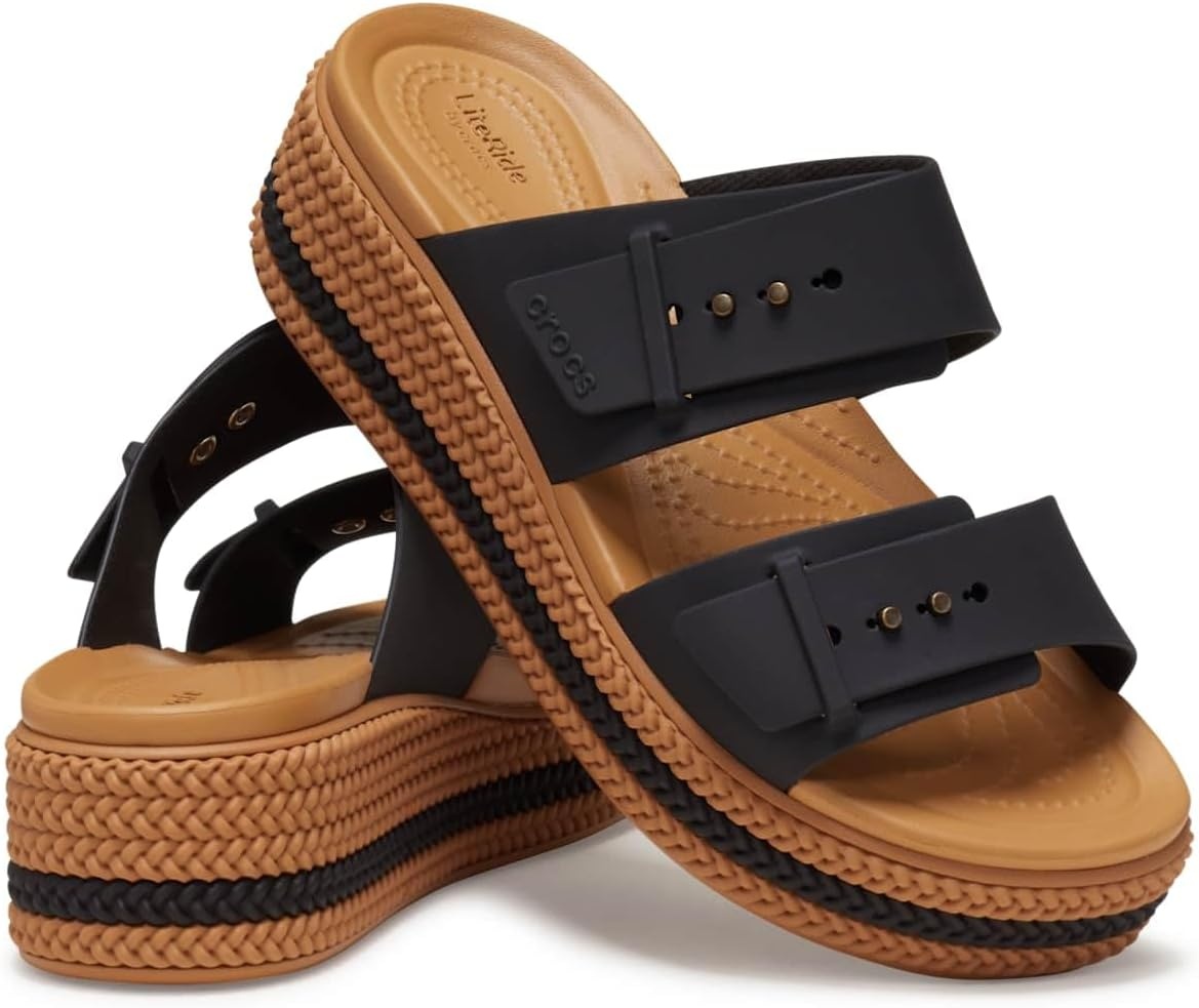 image:imageCrocs Womens Brooklyn Buckle Low WedgesBlackBrown