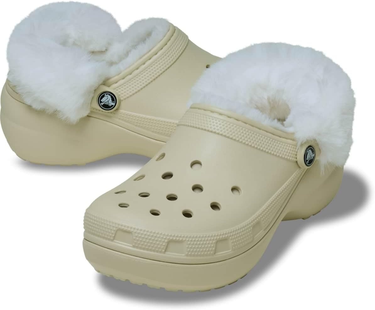 image:imageCrocs Womens Classic Platform Fuzz Lined Clogs Fuzzy SlippersBone
