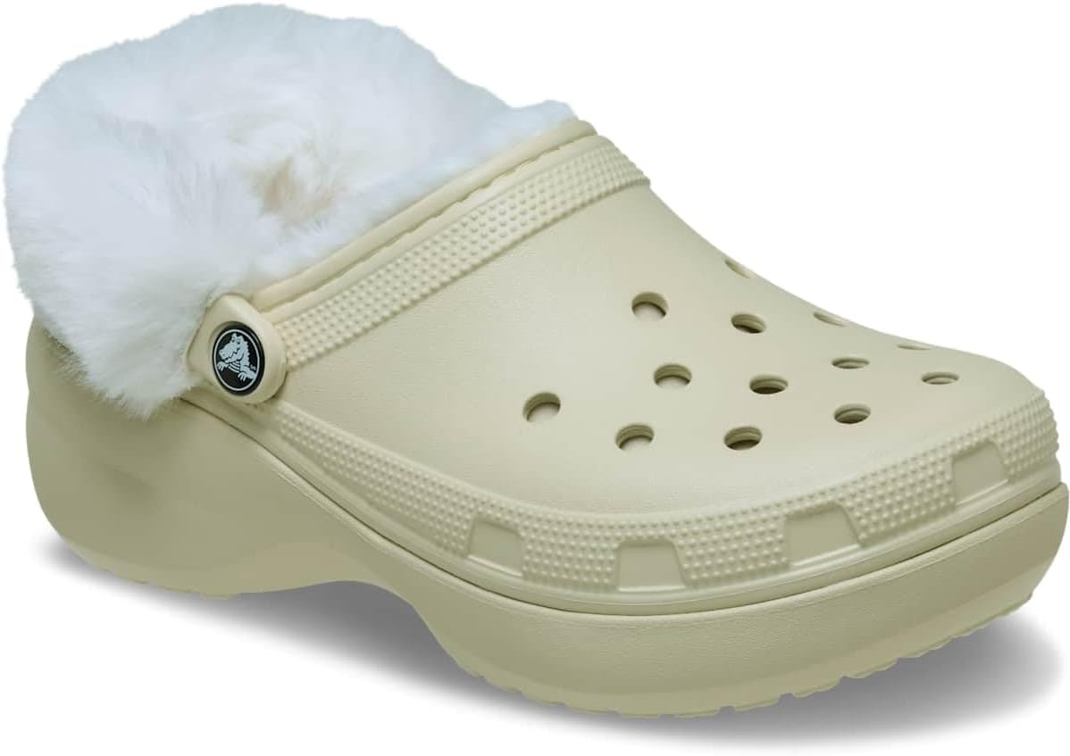 image:imageCrocs Womens Classic Platform Fuzz Lined Clogs Fuzzy SlippersBone