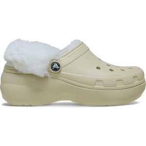 Crocs Women’s Classic Platform Fuzz Lined Clogs, Fuzzy Slippers(Bone)