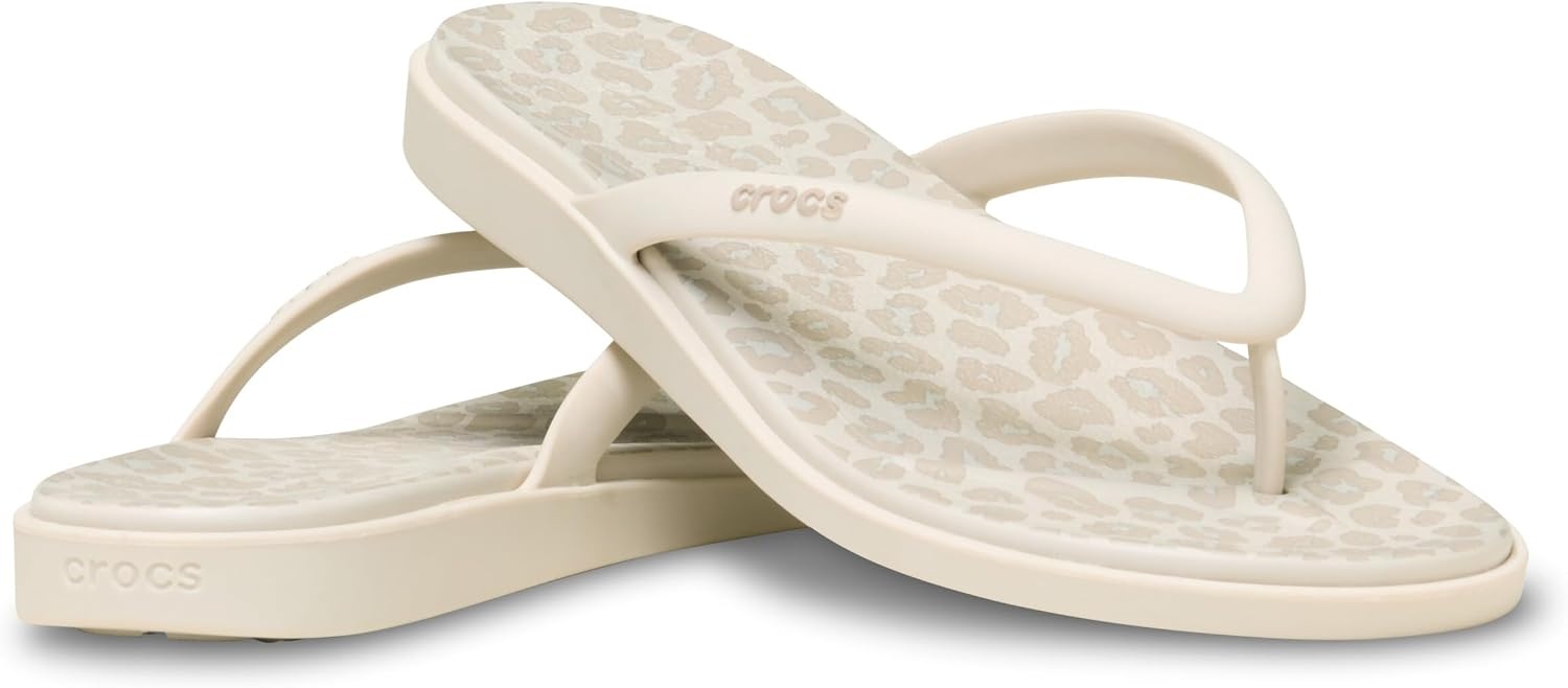 image:imageCrocs Womens Miami Round Toe Flip Flops Flexible Straps 360 Degree Comfort Croslite Foam FootbedAlmond TintLeopard