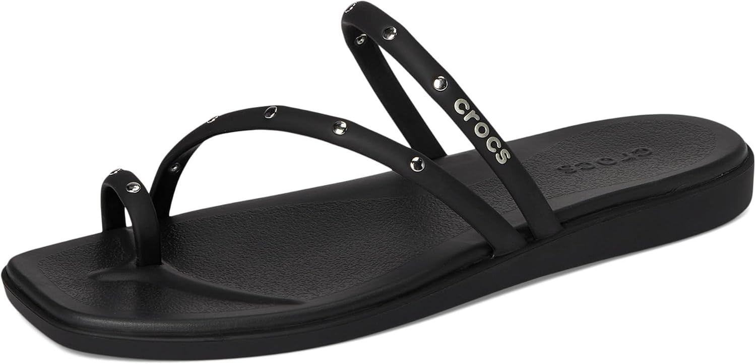 image:imageCrocs Womens Miami Toe Loop Sandals Square Toe Flat Flexible Straps Croslite Foam FootbedBlack Studs