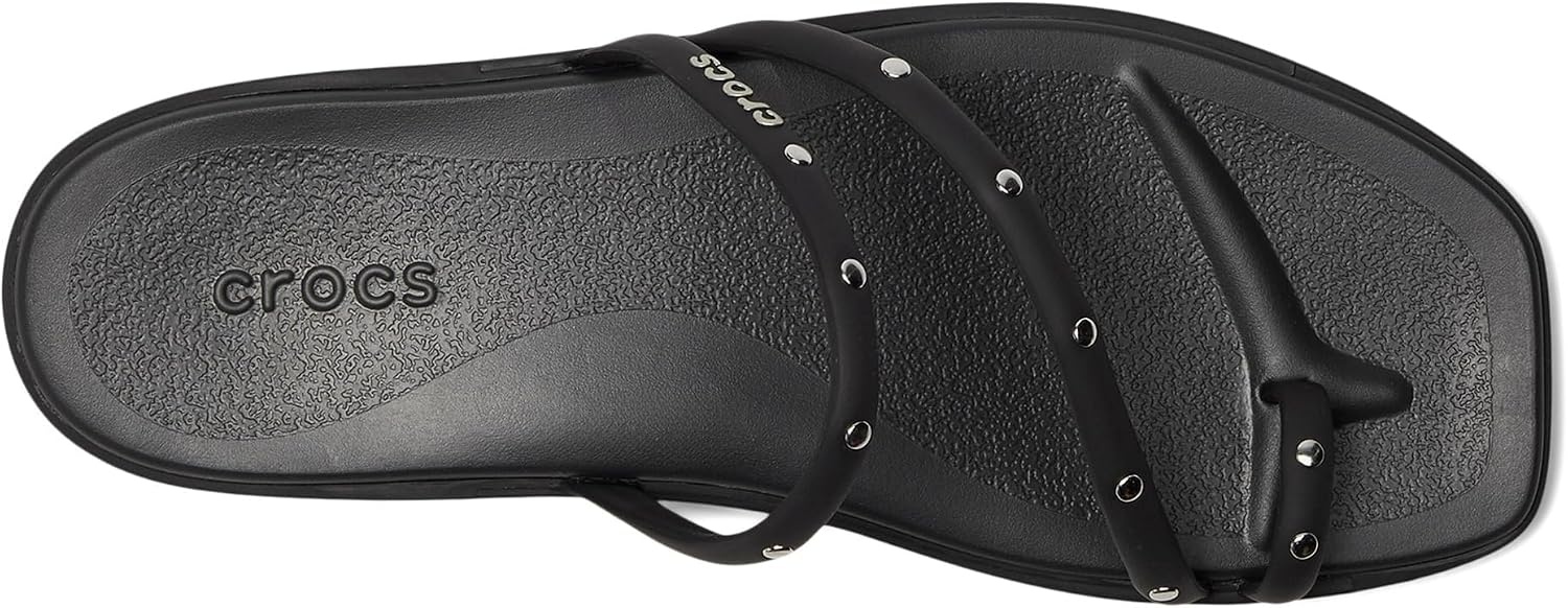 image:imageCrocs Womens Miami Toe Loop Sandals Square Toe Flat Flexible Straps Croslite Foam FootbedBlack Studs