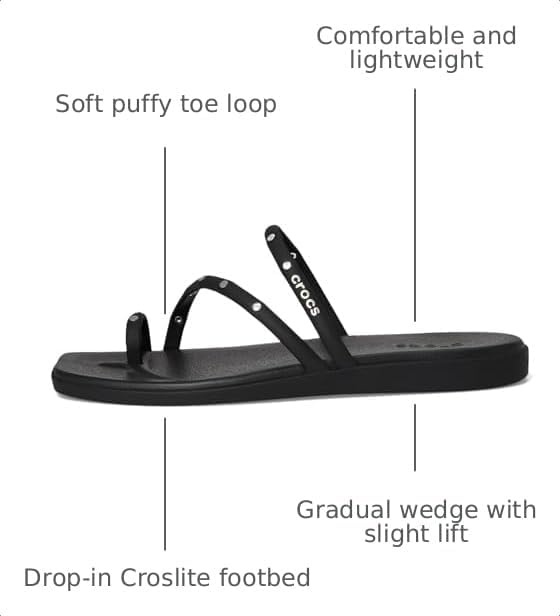 image:imageCrocs Womens Miami Toe Loop Sandals Square Toe Flat Flexible Straps Croslite Foam FootbedBlack Studs