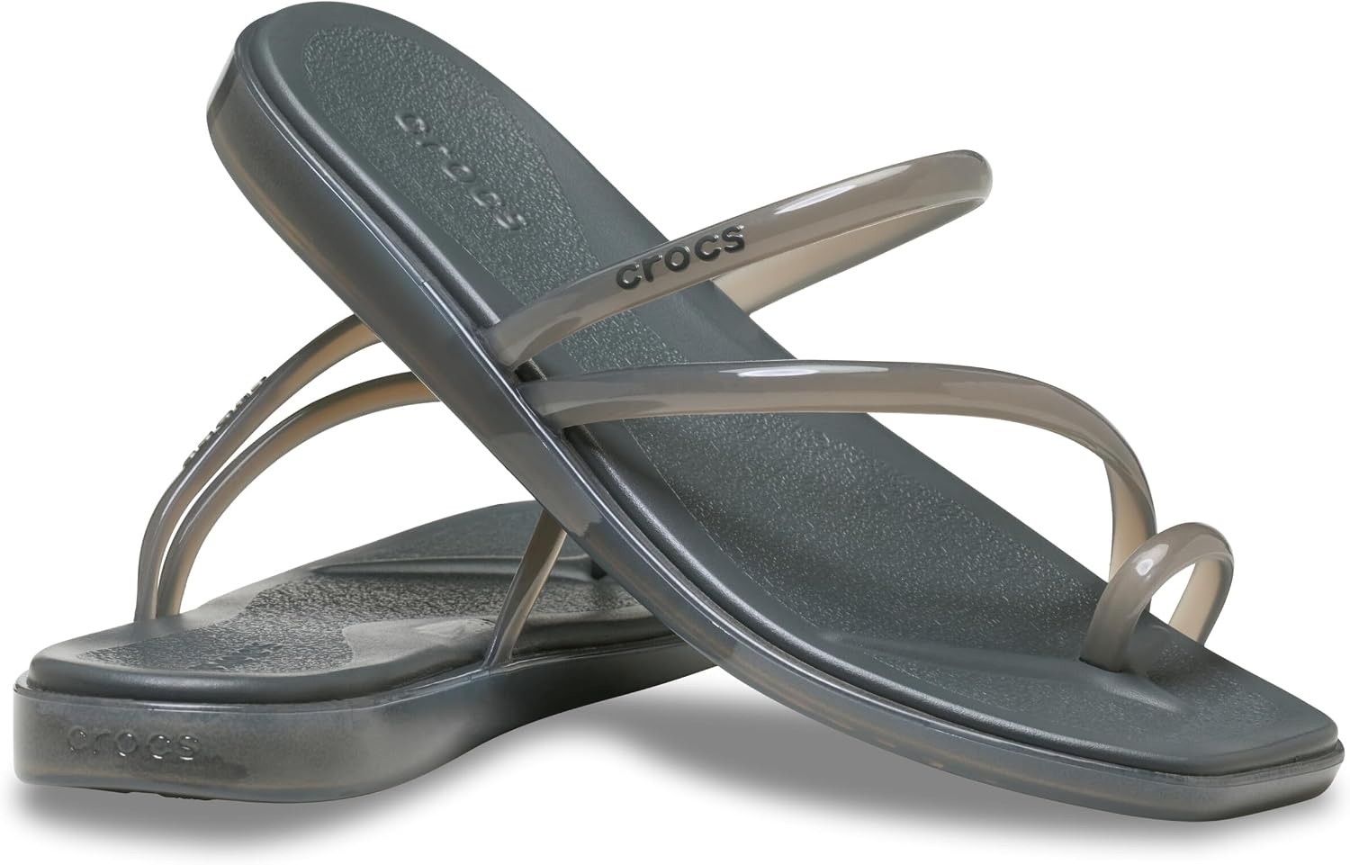 image:imageCrocs Womens Miami Toe Loop Sandals Square Toe Flat Flexible Straps Croslite Foam FootbedCarbon Jelly