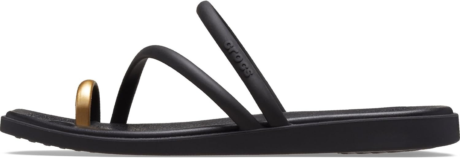 image:imageCrocs Womens Miami Toe Loop Sandals Square Toe Flat Flexible Straps Croslite Foam FootbedMetallic Black