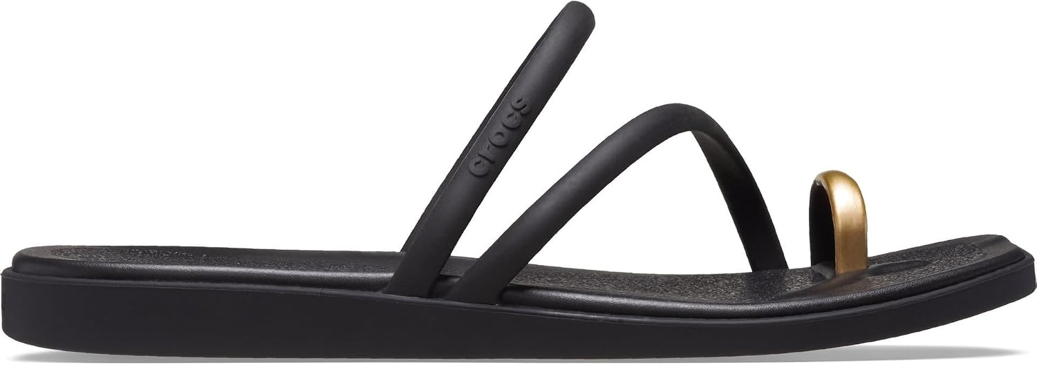 image:imageCrocs Womens Miami Toe Loop Sandals Square Toe Flat Flexible Straps Croslite Foam FootbedMetallic Black
