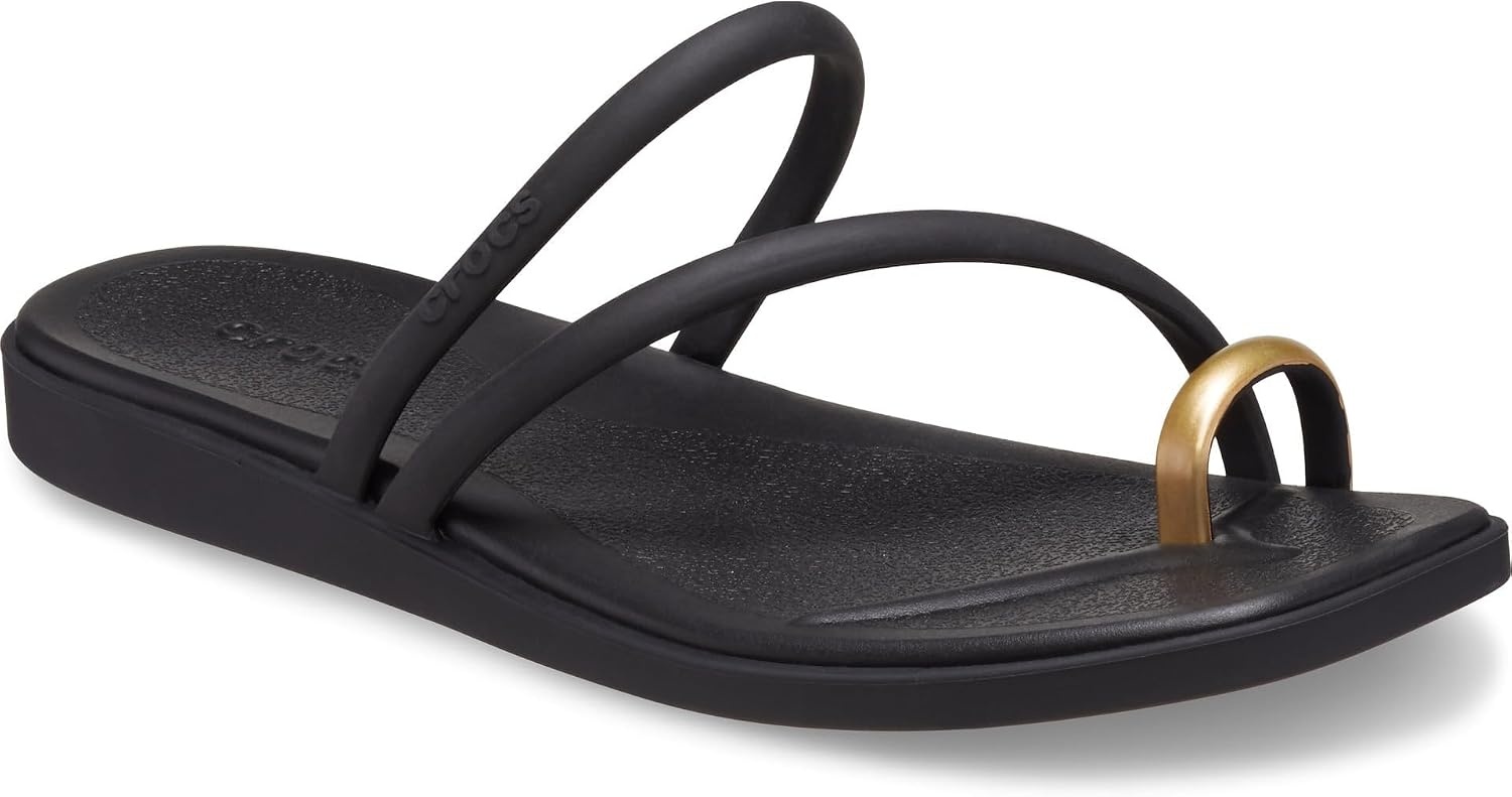 image:imageCrocs Womens Miami Toe Loop Sandals Square Toe Flat Flexible Straps Croslite Foam FootbedMetallic Black