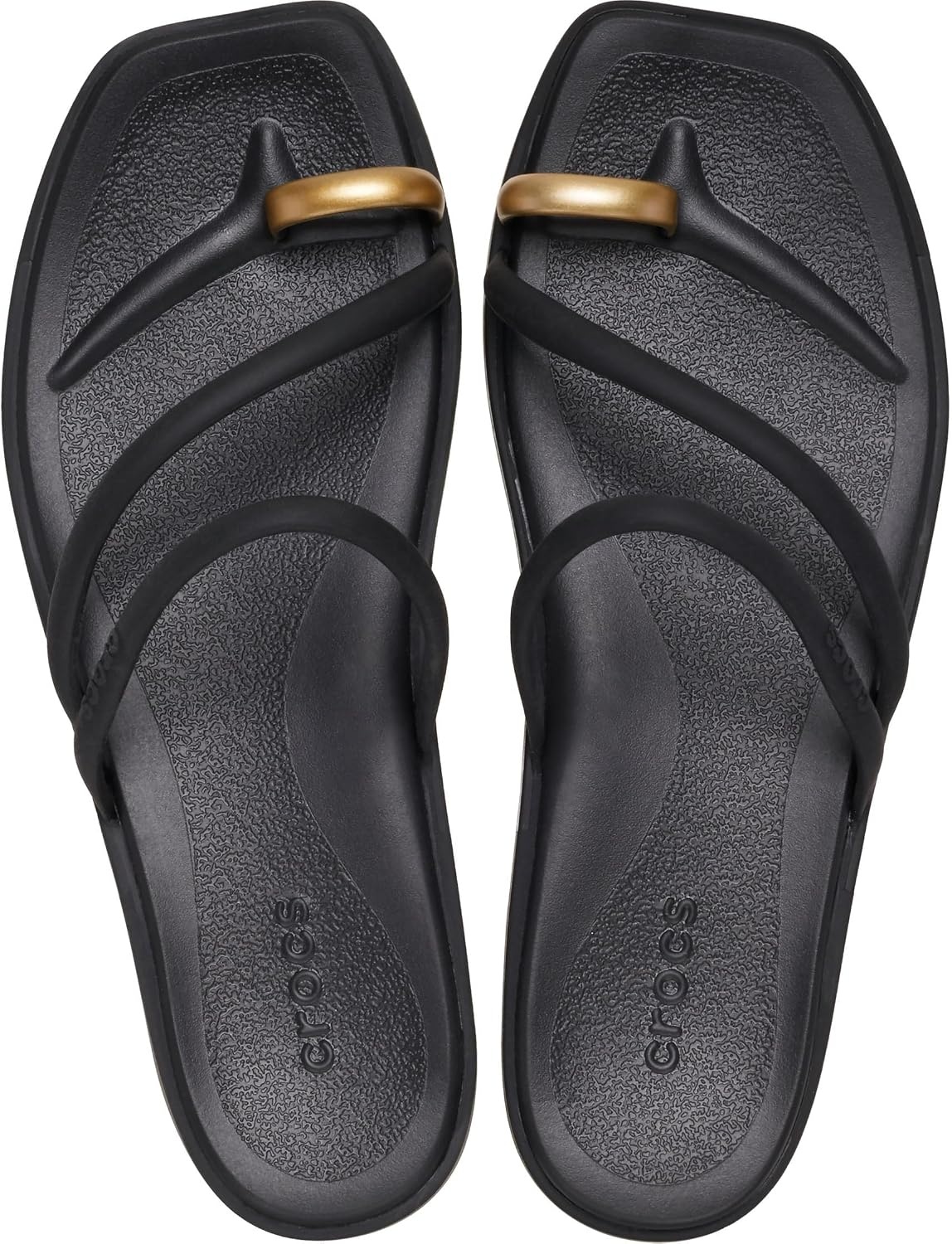 image:imageCrocs Womens Miami Toe Loop Sandals Square Toe Flat Flexible Straps Croslite Foam FootbedMetallic Black