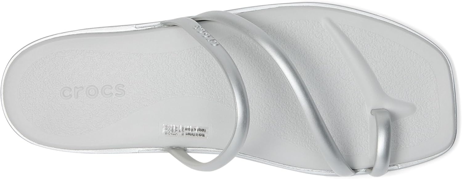 image:imageCrocs Womens Miami Toe Loop Sandals Square Toe Flat Flexible Straps Croslite Foam FootbedMetallic Silver