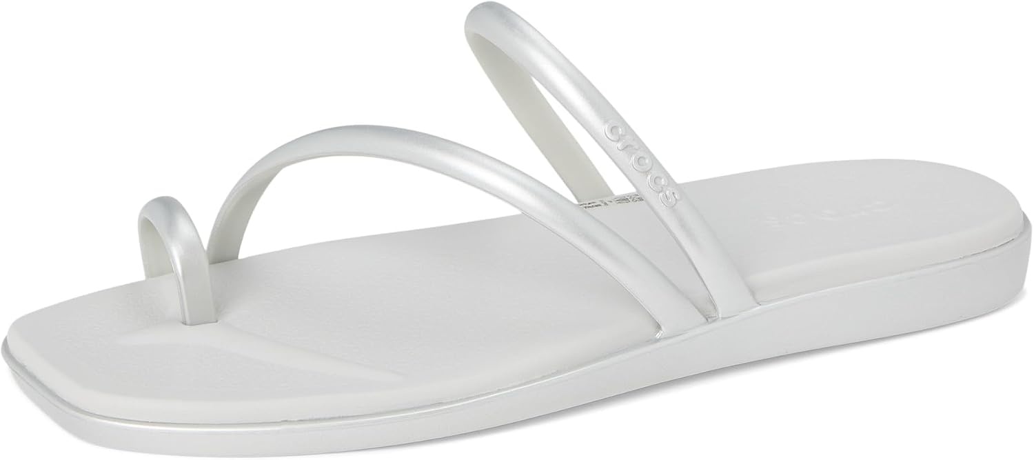 image:imageCrocs Womens Miami Toe Loop Sandals Square Toe Flat Flexible Straps Croslite Foam FootbedMetallic Silver