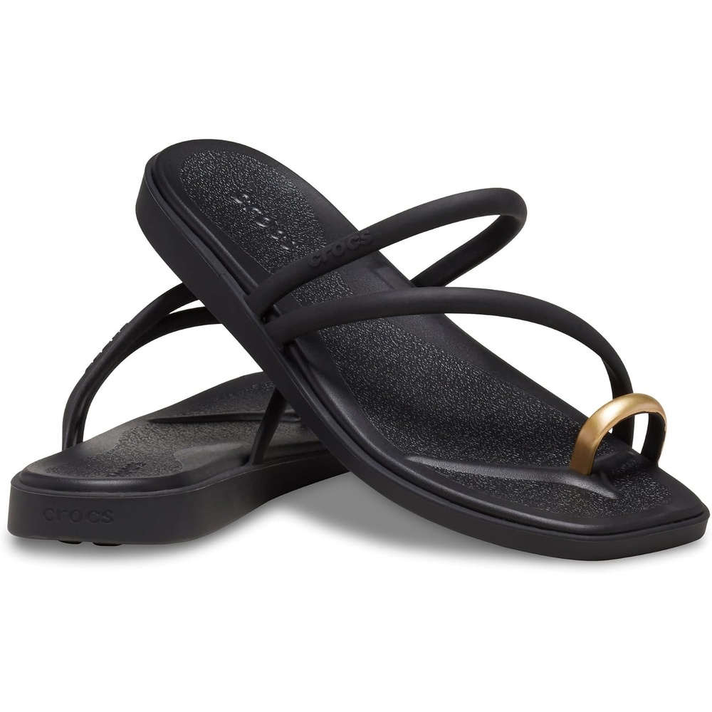 image:imageCrocs Womens Miami Toe Loop Sandals Square Toe Flat Flexible Straps Croslite Foam FootbedMetallic Black