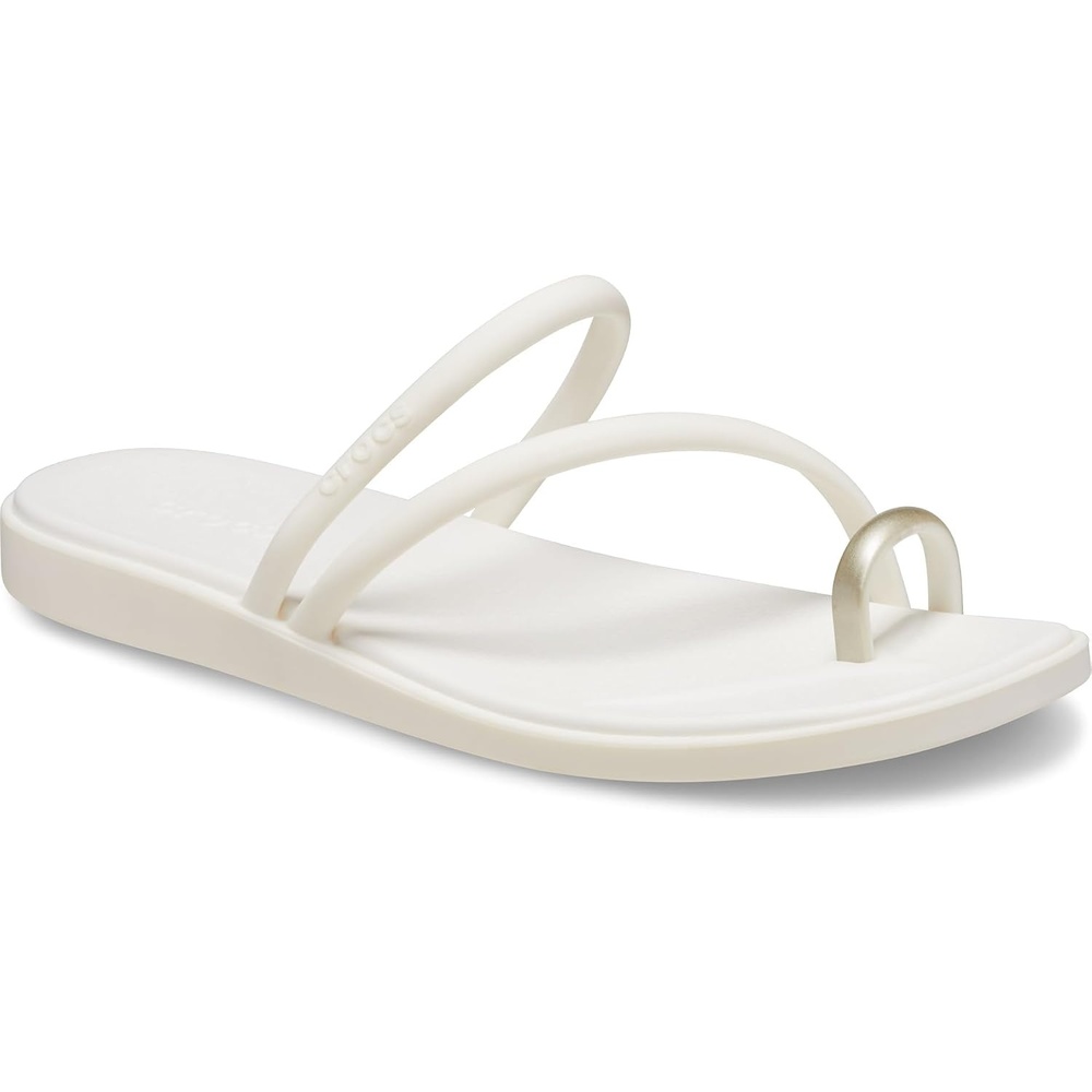 image:imageCrocs Womens Miami Toe Loop Sandals Square Toe Flat Flexible Straps Croslite Foam FootbedMetallic Chalk