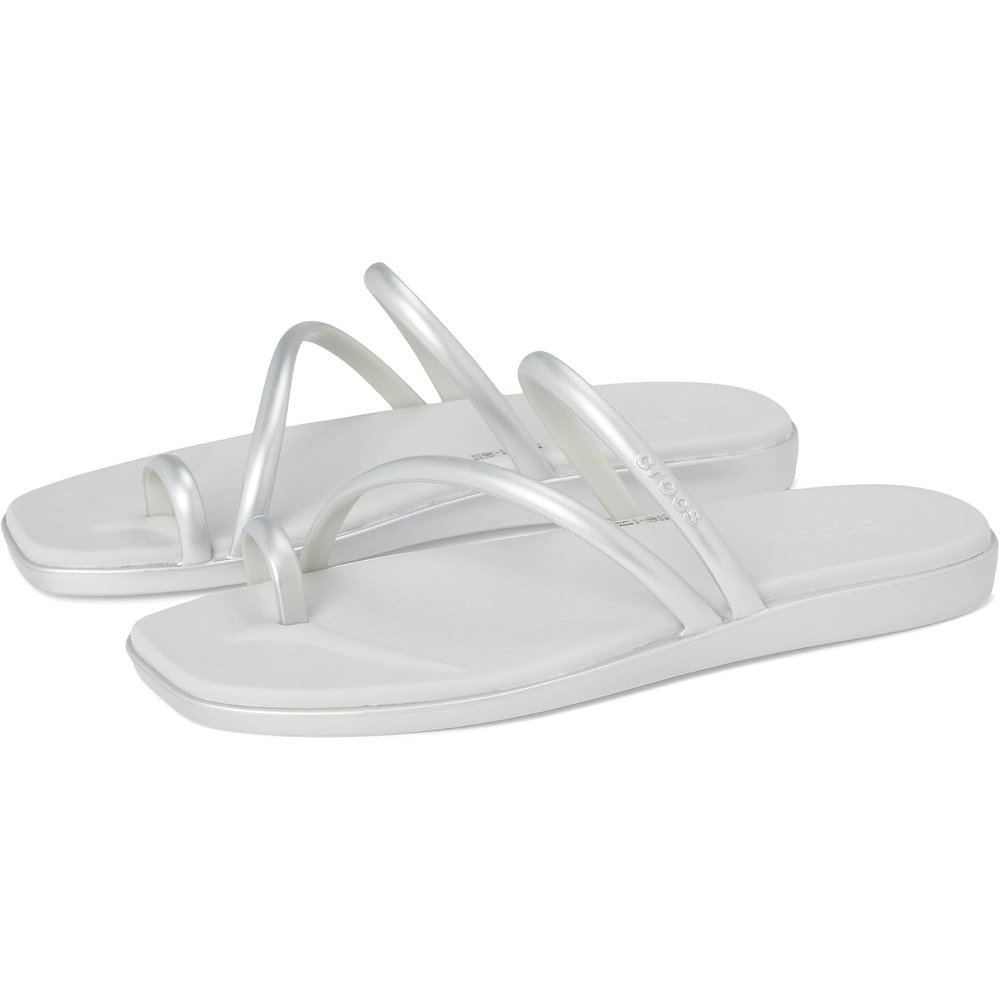 image:imageCrocs Womens Miami Toe Loop Sandals Square Toe Flat Flexible Straps Croslite Foam FootbedMetallic Silver