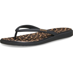 Crocs Women’s Miami Round Toe Flip Flops | Flexible Straps | 360 Degree Comfort | Croslite Foam Footbed(Black/Sepia/Leopard)