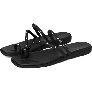 Crocs Women’s Miami Toe Loop Sandals | Square Toe Flat | Flexible Straps | Croslite Foam Footbed(Black Studs)